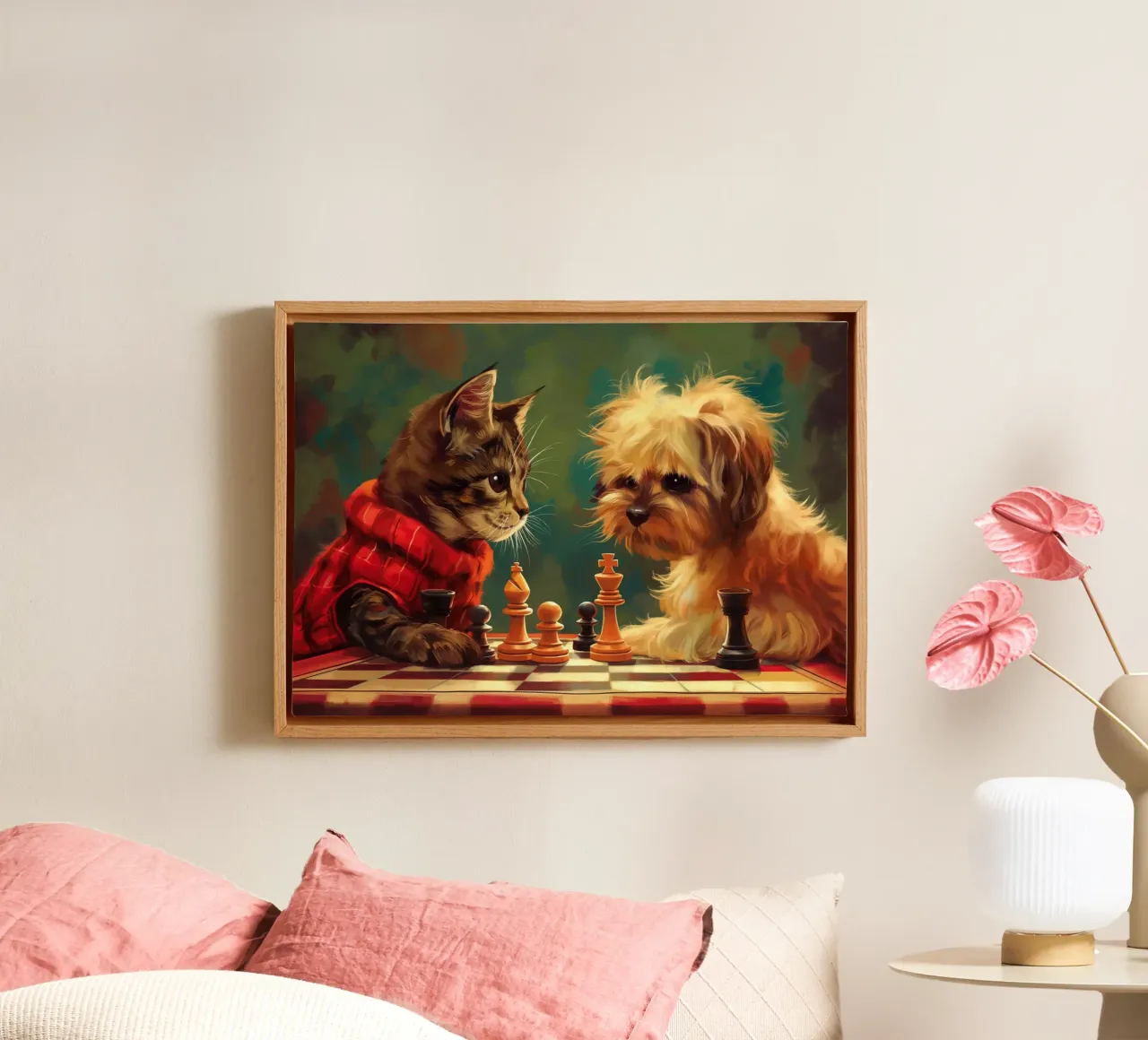 Cat and Dog Play Chess canvas with Floater frame by Fleur de Lys