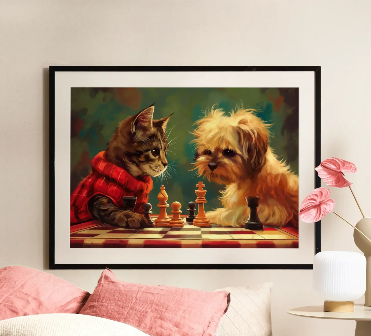 Gatto e cane giocano a scacchi poster da Fleur de Lys