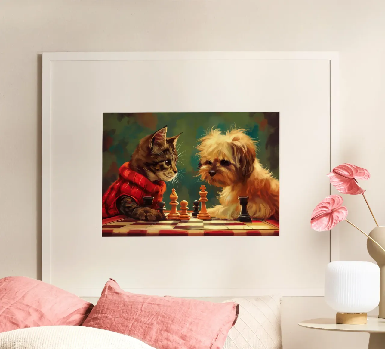 Gatto e cane giocano a scacchi poster da Fleur de Lys