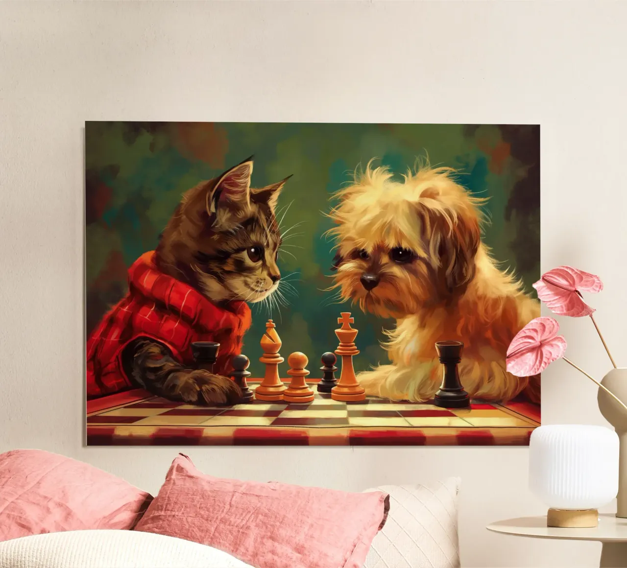 Gatto e cane giocano a scacchi poster da Fleur de Lys