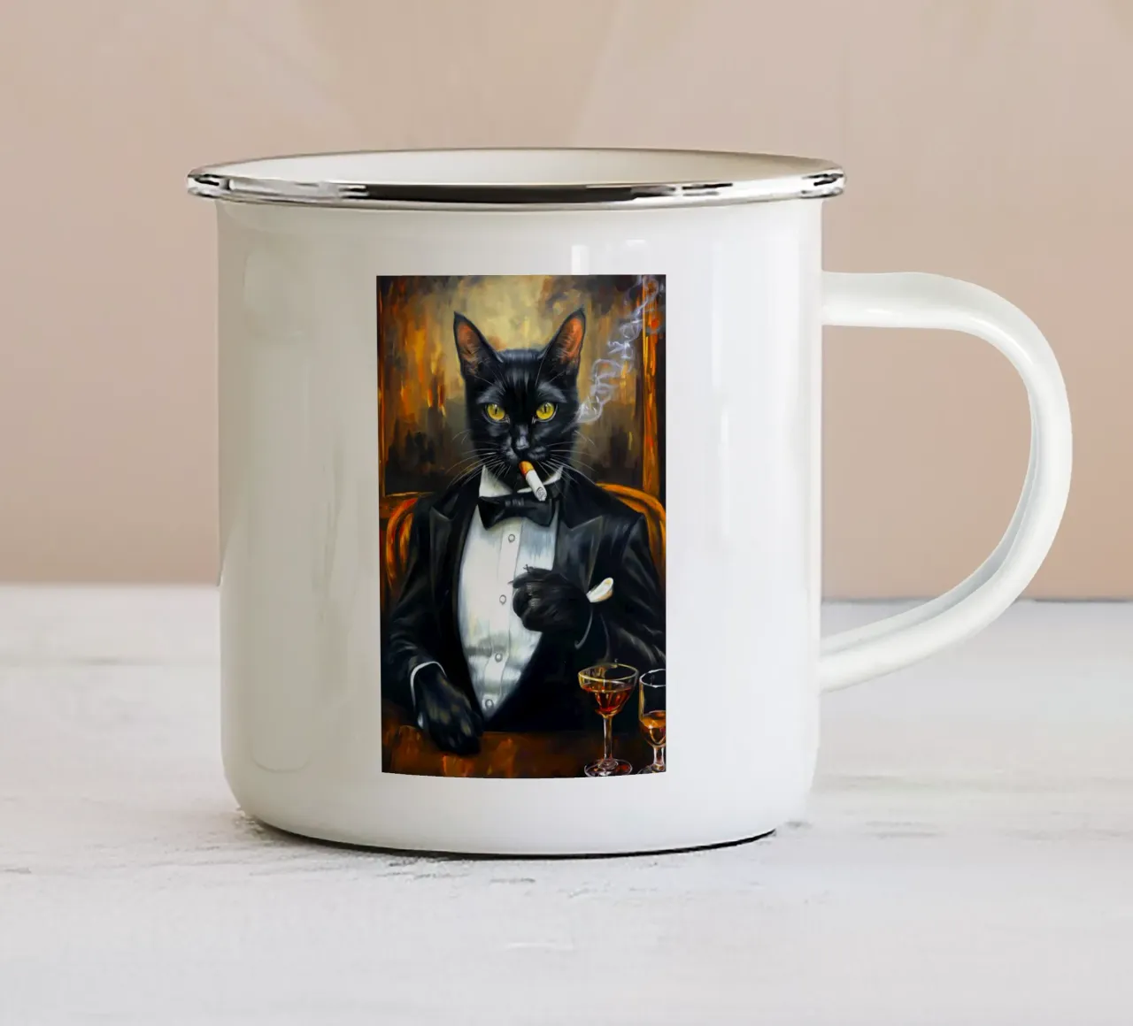 Gatto smoking che fuma il sigaro tazza in smalto da Fleur de Lys
