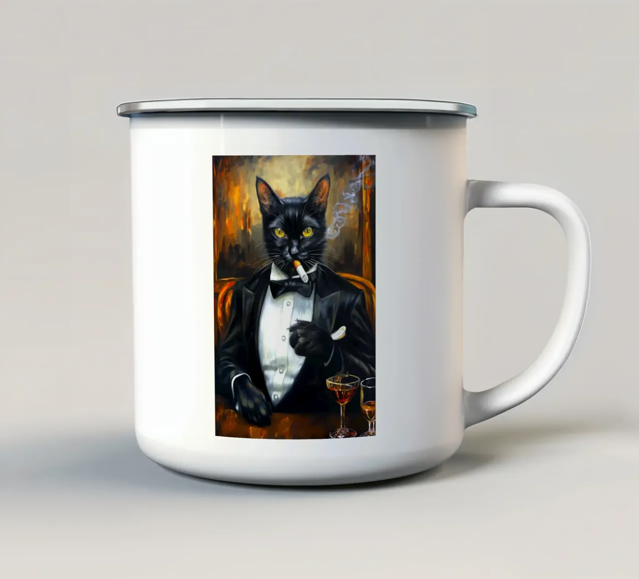 Gatto smoking che fuma il sigaro tazza in smalto da Fleur de Lys