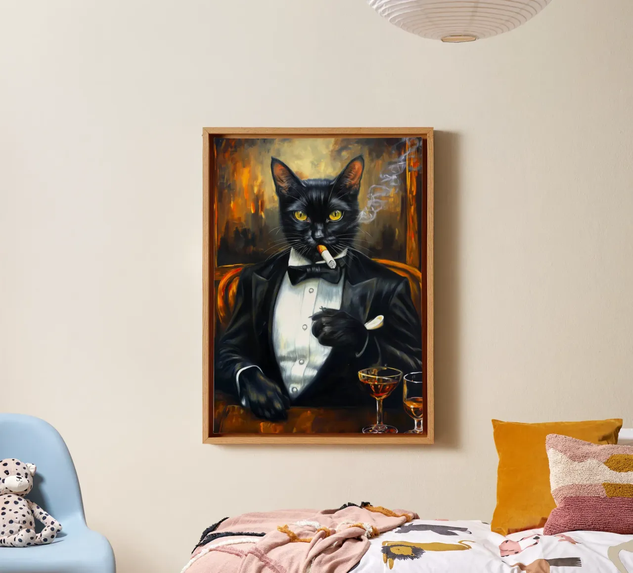 Tuxedo Cat Smoking Cigar canvas with Floater frame by Fleur de Lys