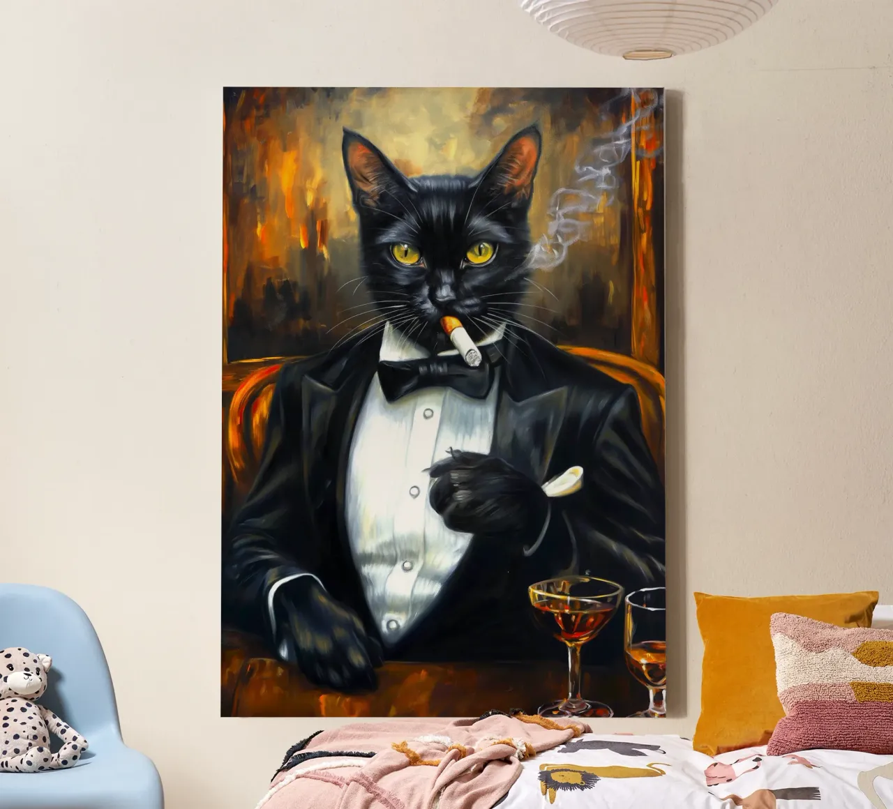 Tuxedo Cat Smoking Cigar canvas with Floater frame by Fleur de Lys