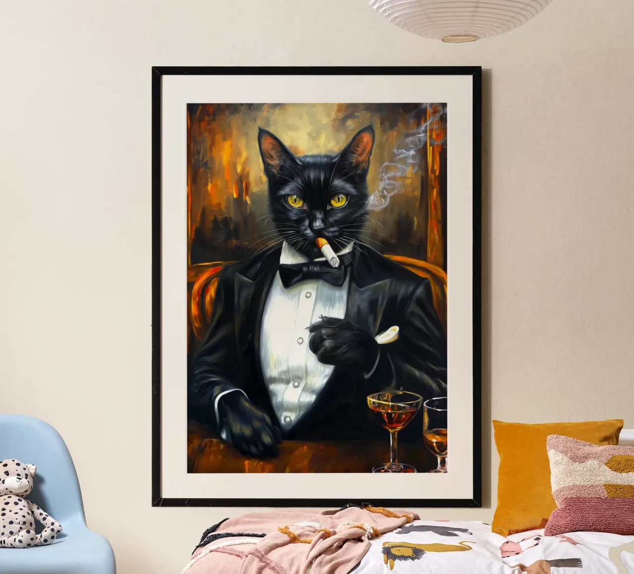 Gatto smoking che fuma il sigaro poster con telaio in alluminio da Fleur de Lys