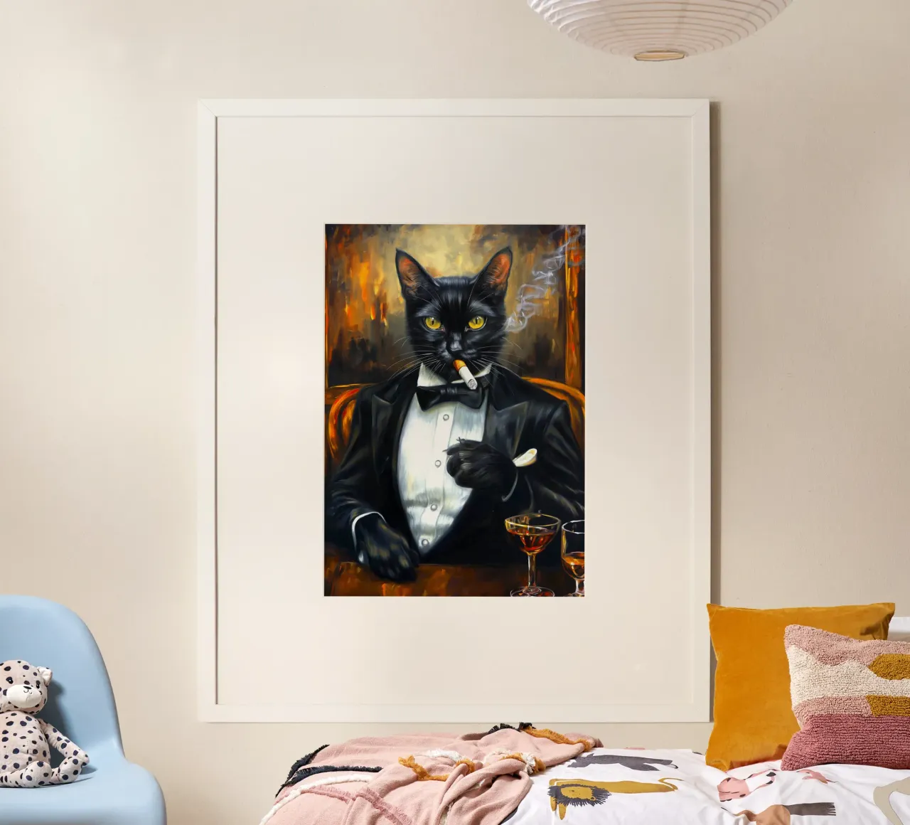 Gatto smoking che fuma il sigaro poster con telaio in alluminio da Fleur de Lys