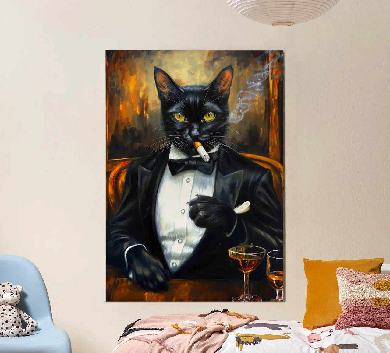 Gatto smoking che fuma il sigaro poster con telaio in alluminio da Fleur de Lys