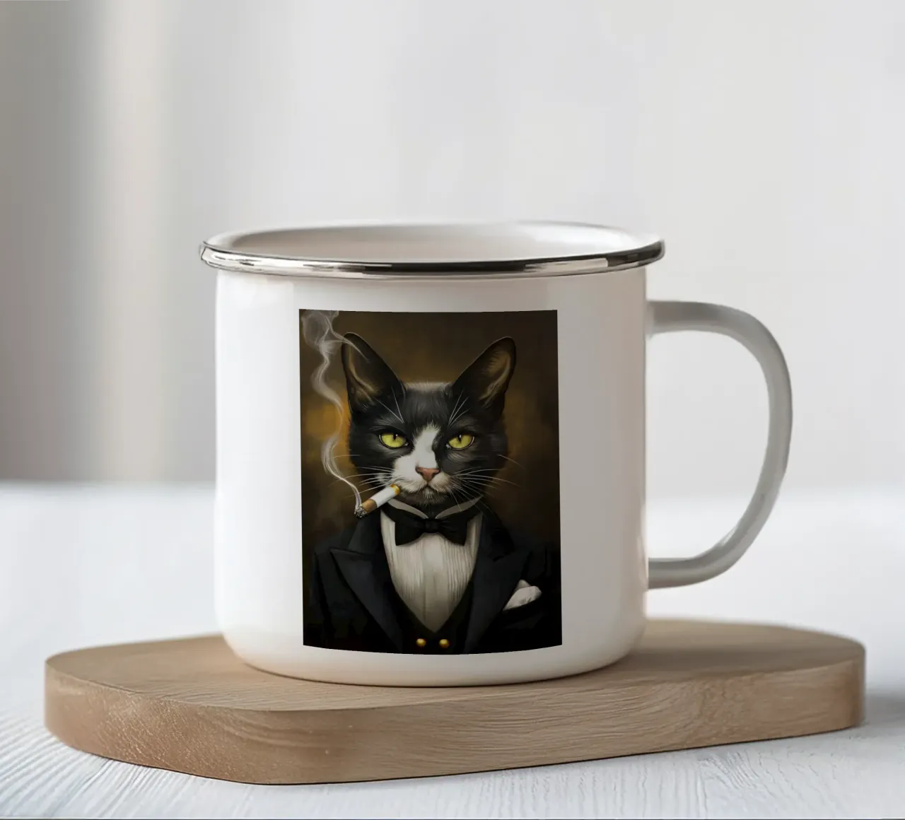 Gatto smoking che fuma il sigaro tazza in smalto da Fleur de Lys