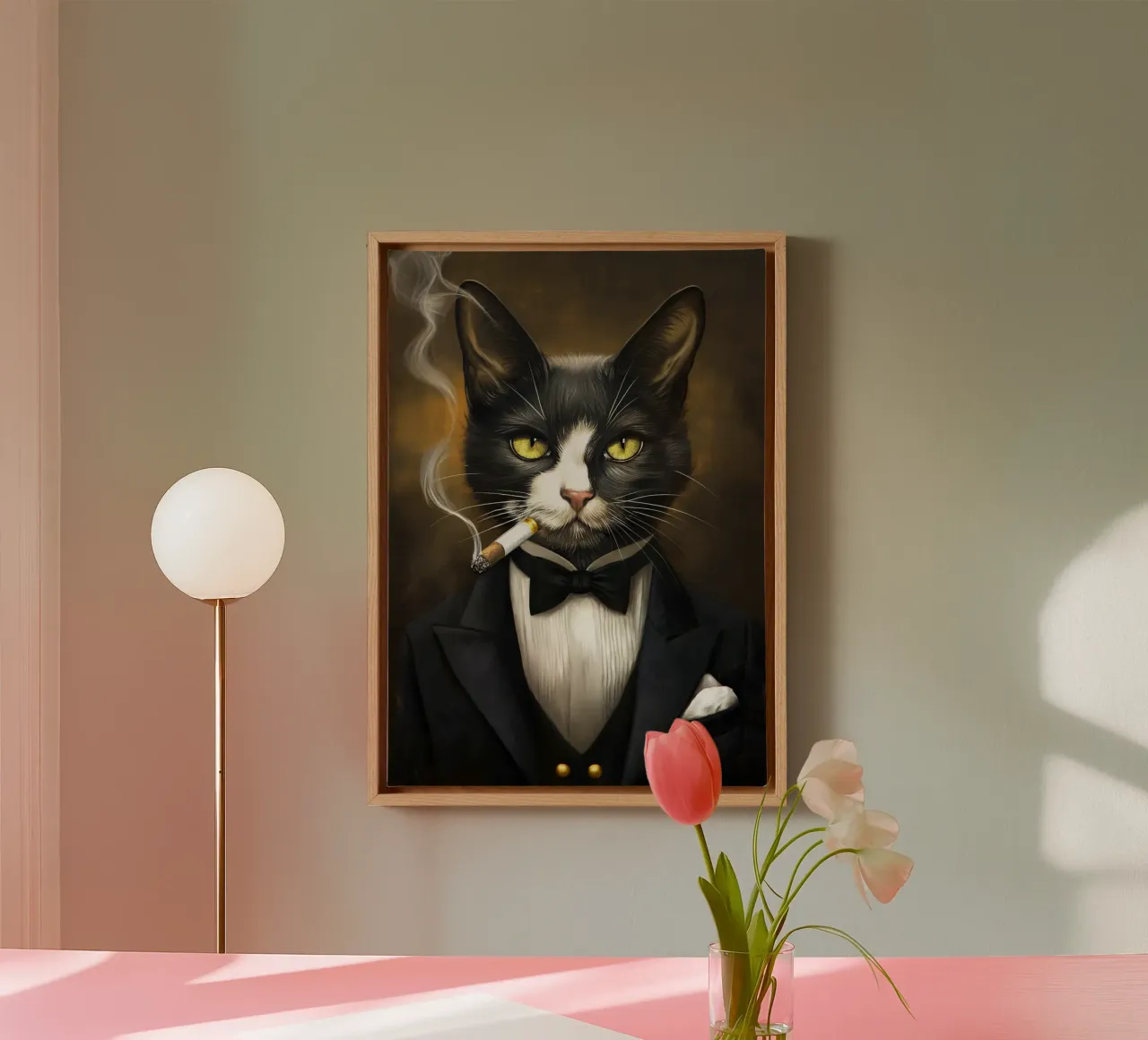 Tuxedo Cat Smoking Cigar canvas with Floater frame by Fleur de Lys