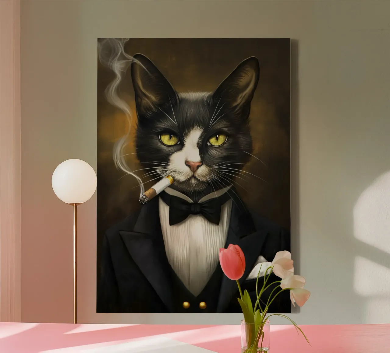Tuxedo Cat Smoking Cigar canvas with Floater frame by Fleur de Lys