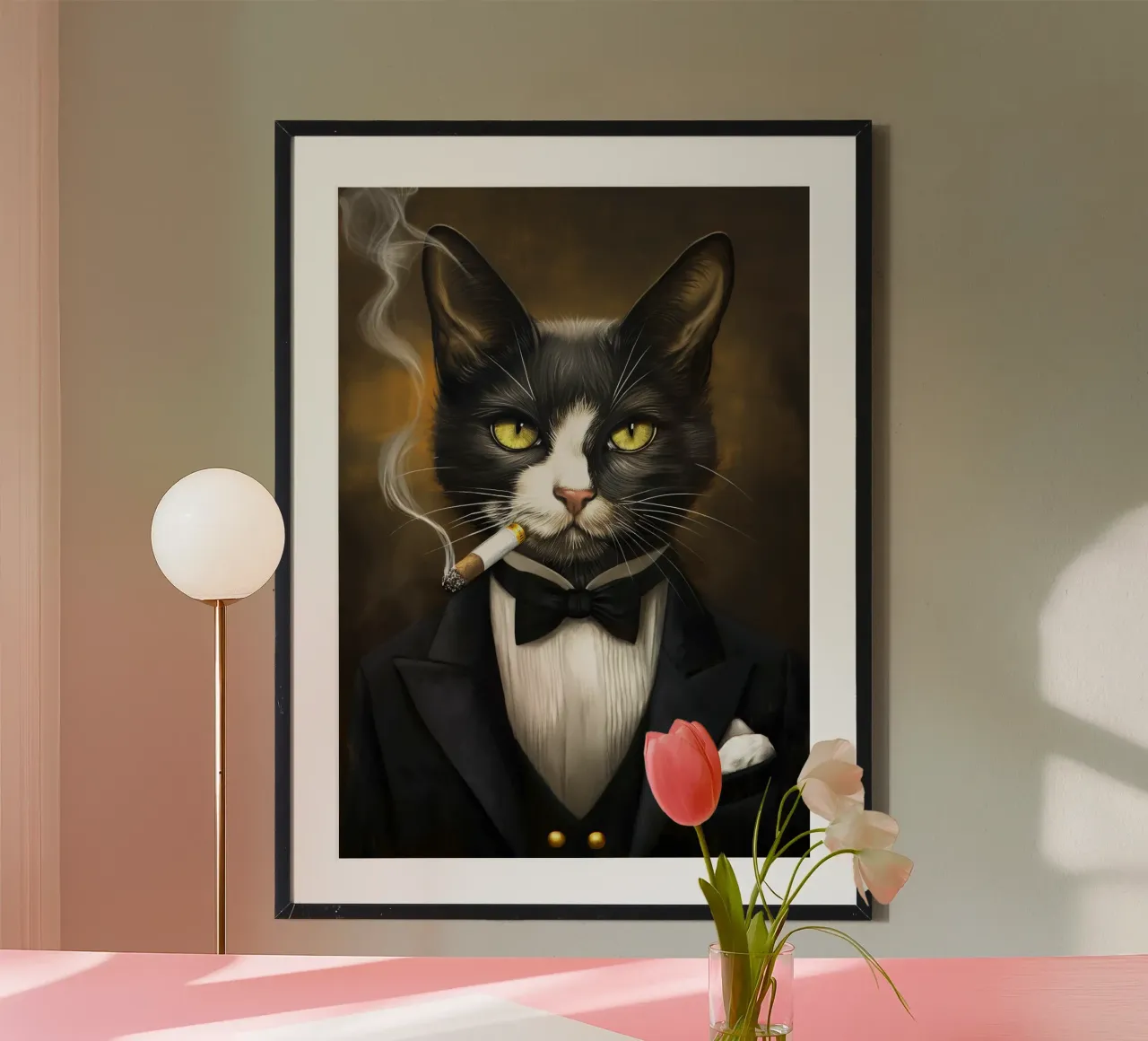 Gatto smoking che fuma il sigaro poster con telaio in alluminio da Fleur de Lys