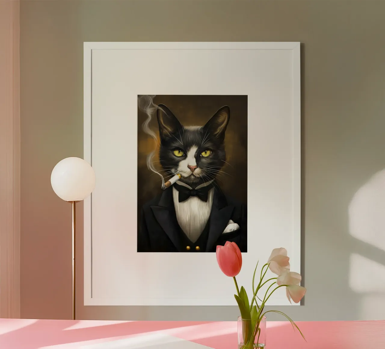 Gatto smoking che fuma il sigaro poster con telaio in alluminio da Fleur de Lys