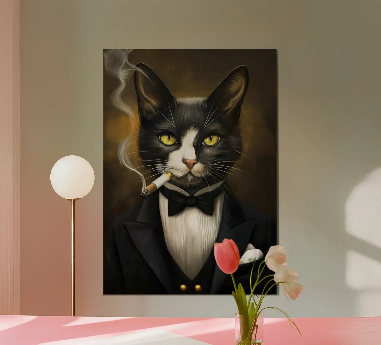 Gatto smoking che fuma il sigaro poster con telaio in alluminio da Fleur de Lys
