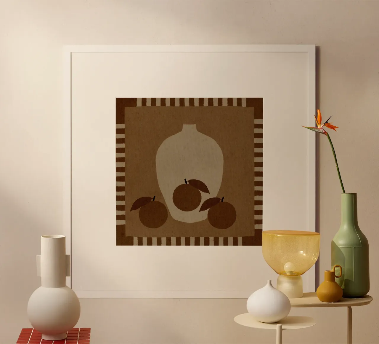 Natura morta con vaso e arance II di Shatha Dafai poster con telaio in alluminio da Linda Richardson