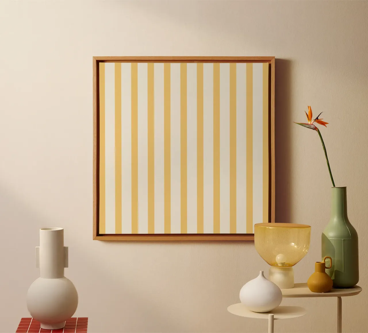 Beige and yellow stripe pattern canvas with Floater frame by Paigaam Studio