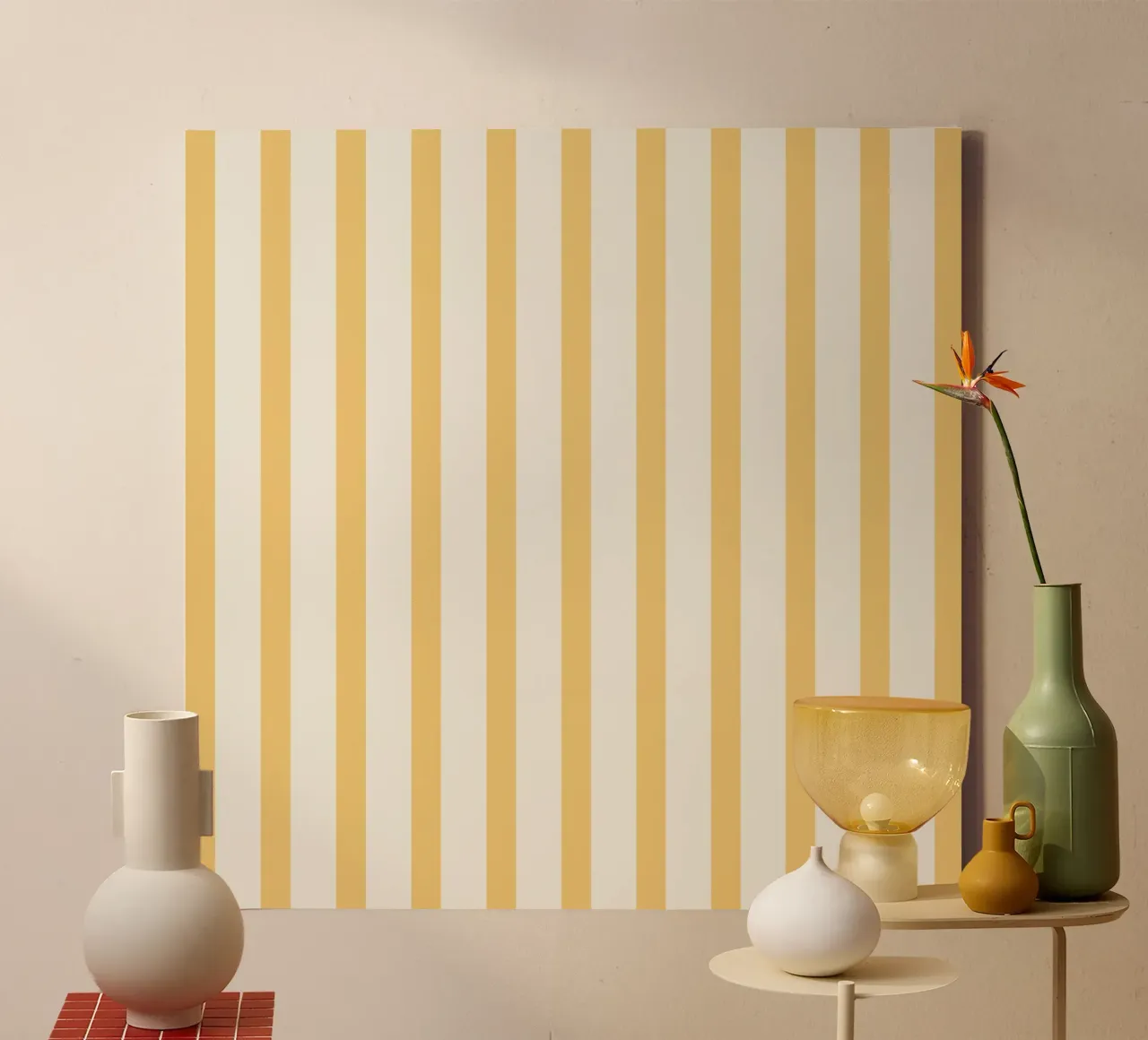 Beige and yellow stripe pattern canvas with Floater frame by Paigaam Studio