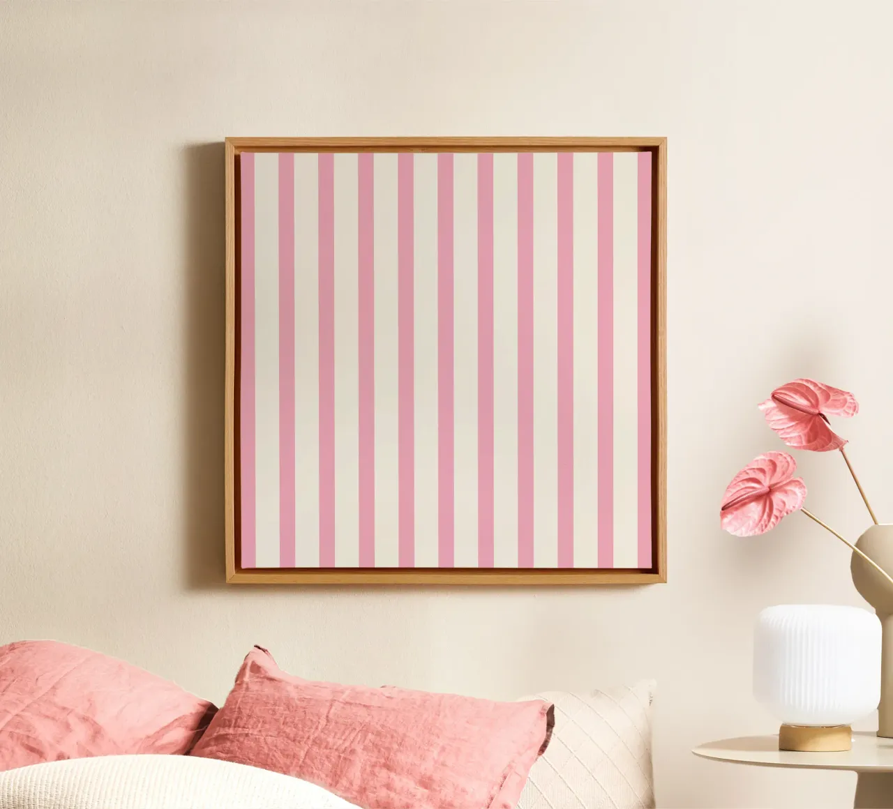 Pink and Beige Stripes Pattern canvas with Floater frame by Paigaam Studio