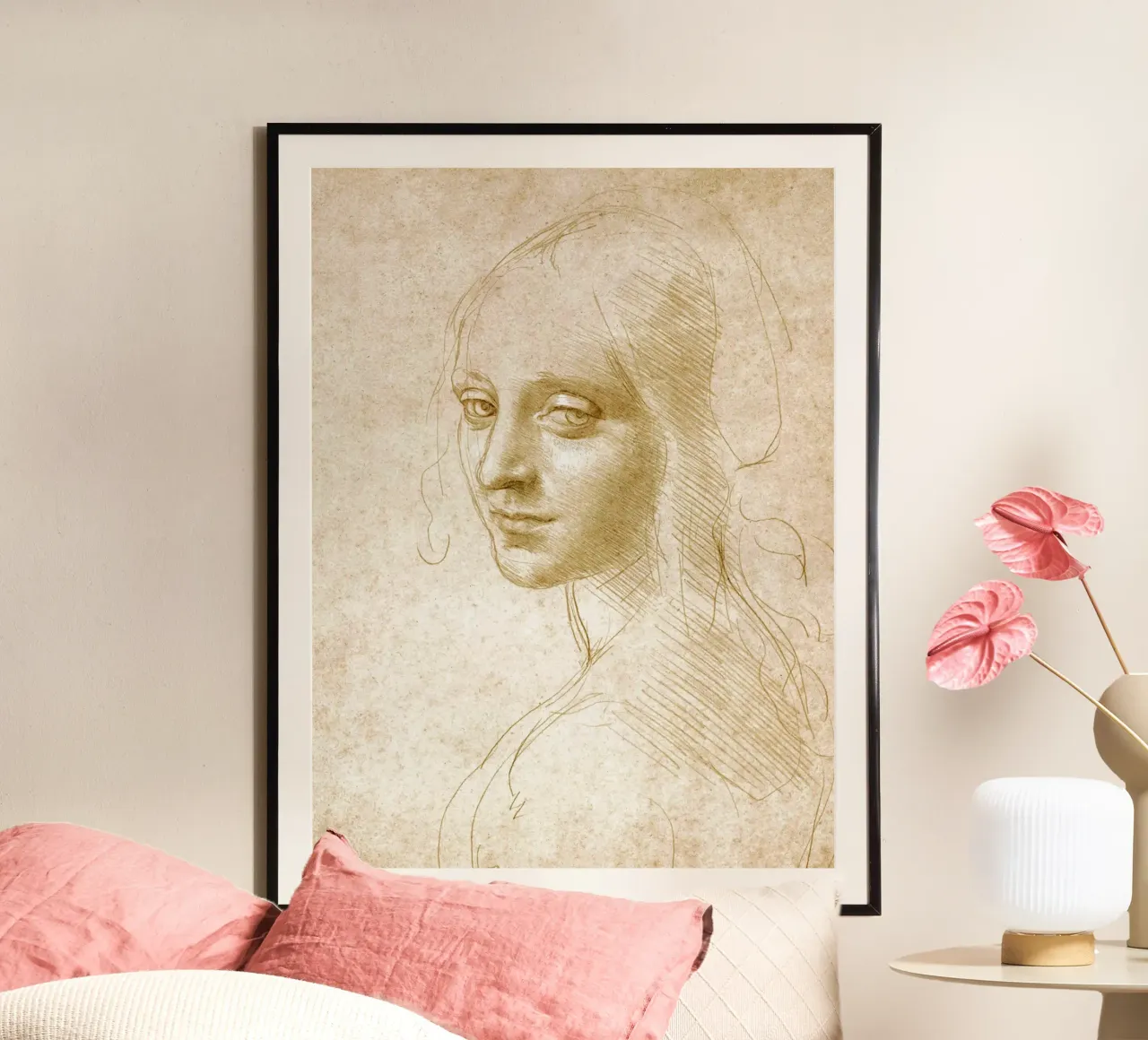 Testa di donna di Leonardo da Vinci l poster con telaio in alluminio da James McIntosh