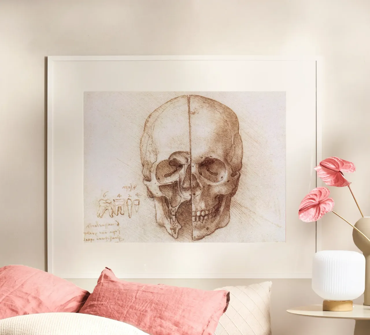 Skull by Leonardo da Vinci poster con telaio in legno da James McIntosh