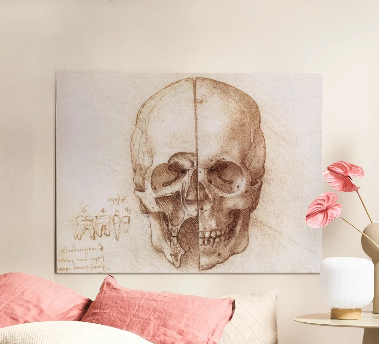 Skull by Leonardo da Vinci poster con telaio in legno da James McIntosh