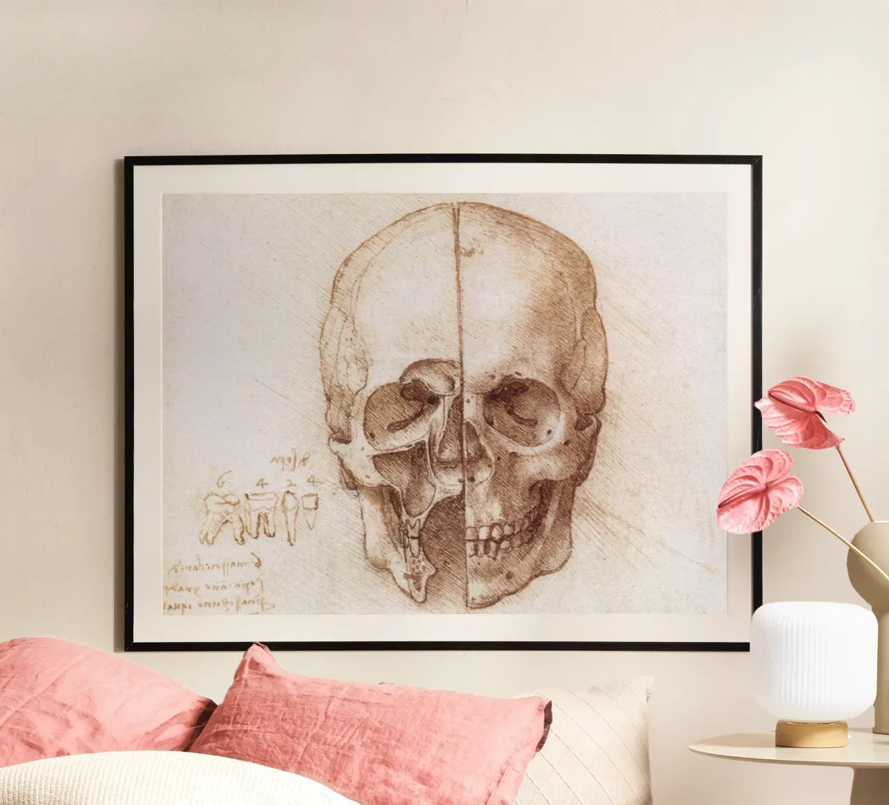 Skull by Leonardo da Vinci poster con telaio in legno da James McIntosh