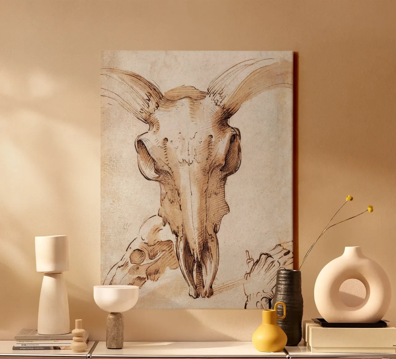 Skull of a cow by Leonardo da Vinci canvas with Floater frame by James McIntosh