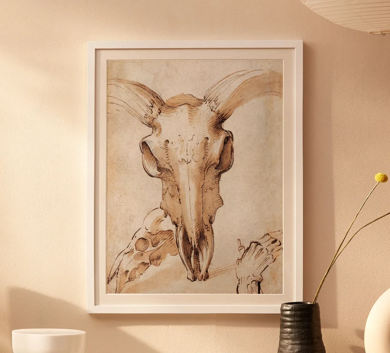 Cranio di mucca di Leonardo da Vinci poster con telaio in plastica da James McIntosh
