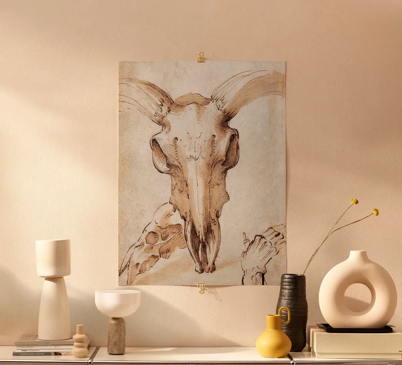 Cranio di mucca di Leonardo da Vinci poster con telaio in plastica da James McIntosh