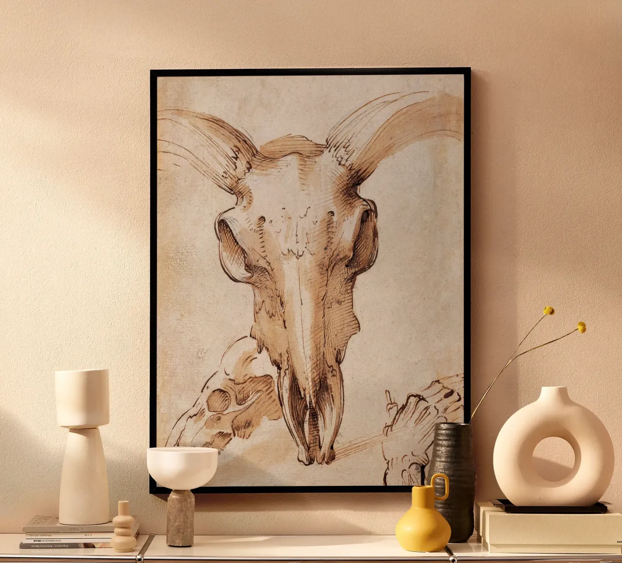 Cranio di mucca di Leonardo da Vinci poster con telaio in plastica da James McIntosh