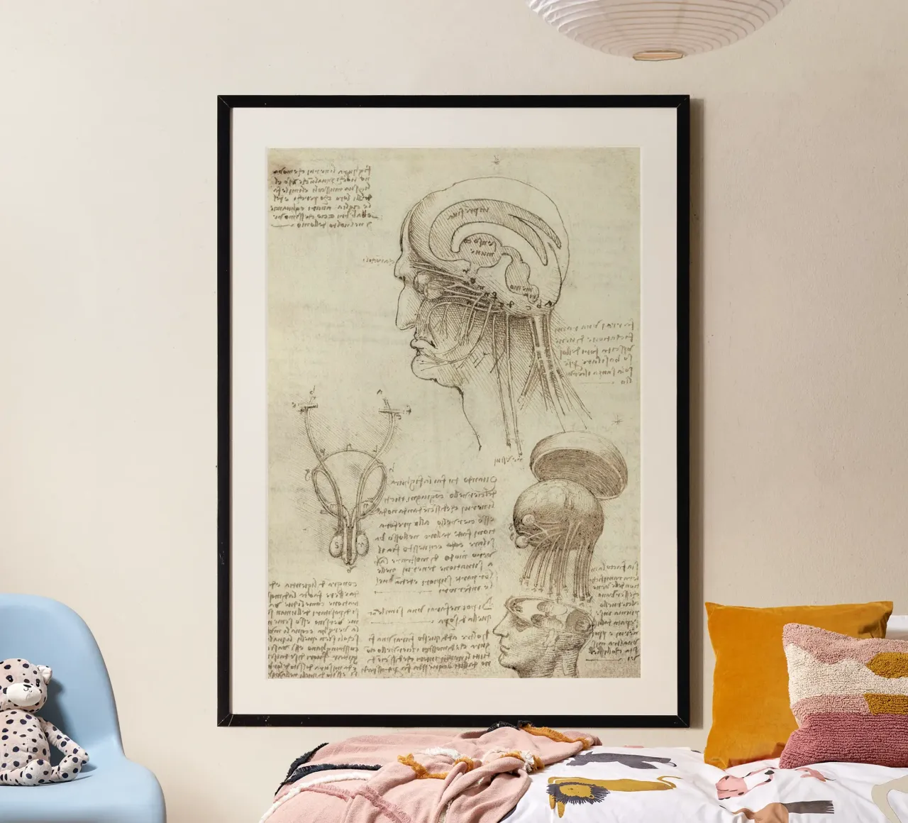 Studi del cranio e del cervello di Leonardo da Vinci poster con telaio in plastica da James McIntosh