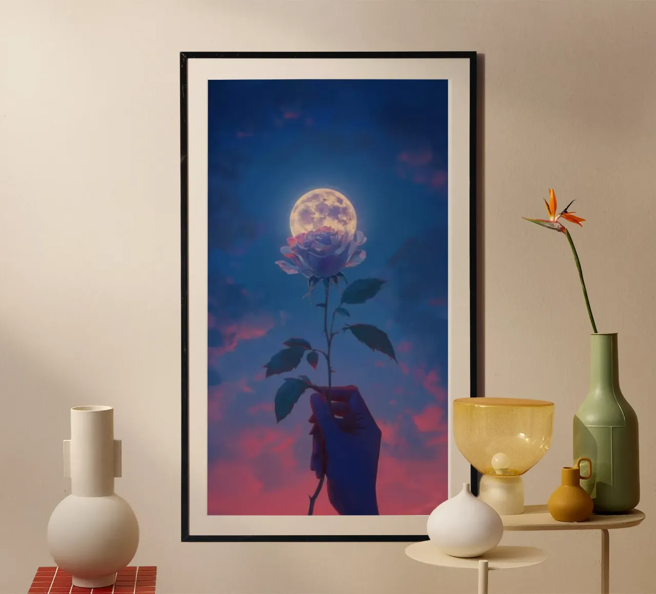 flower in moon poster con telaio in alluminio da sunity