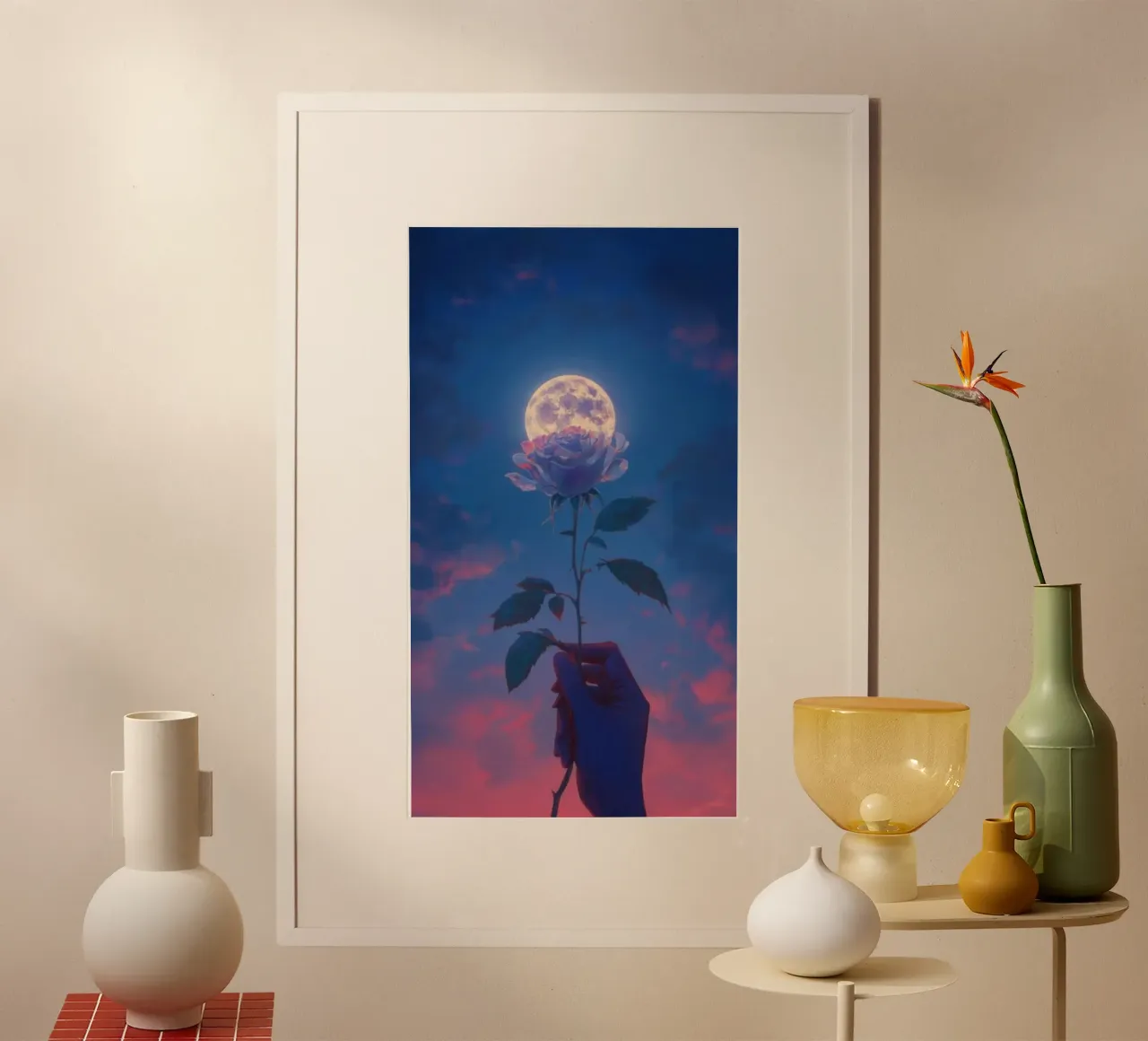 flower in moon poster con telaio in alluminio da sunity