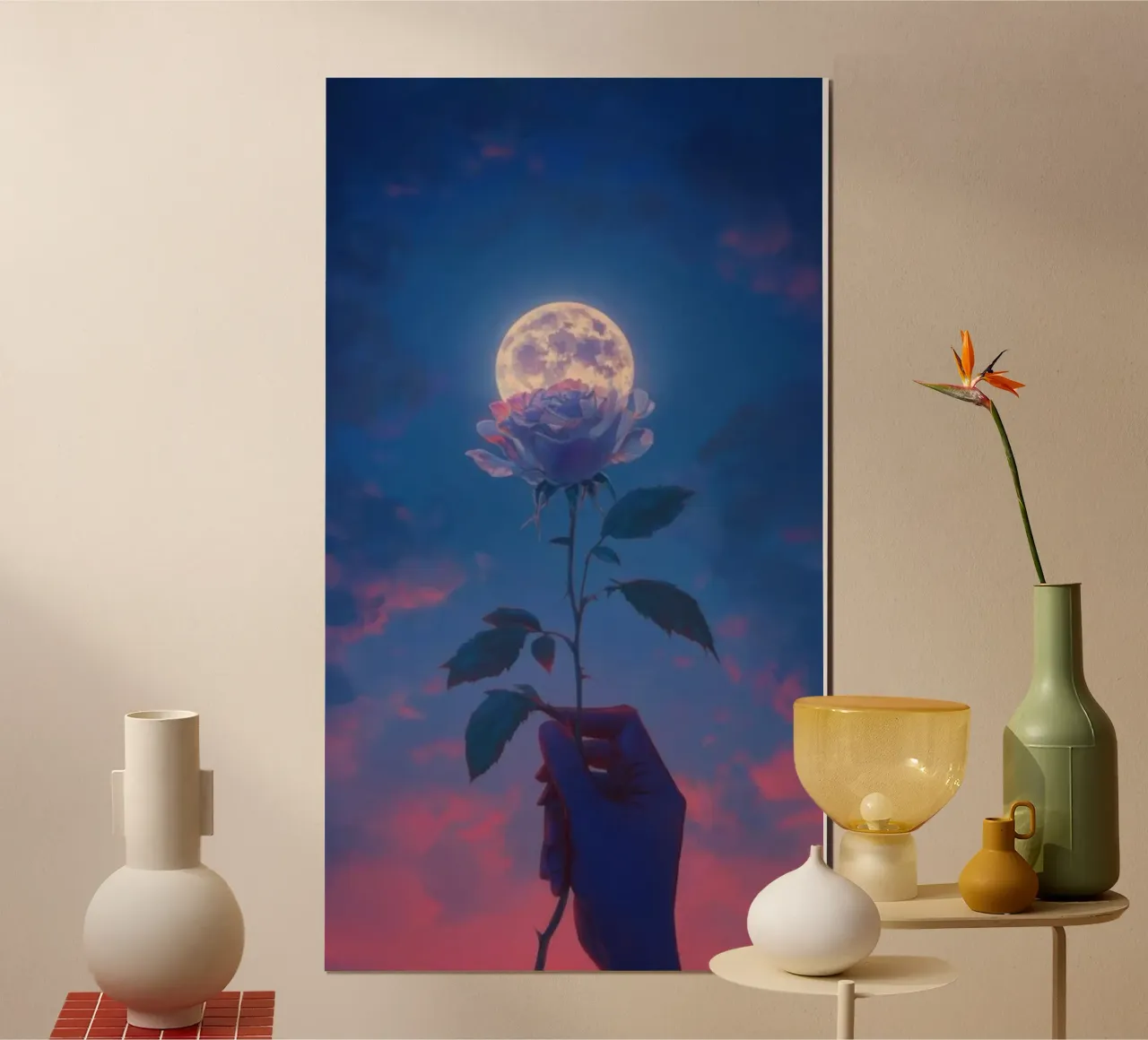 flower in moon poster con telaio in alluminio da sunity