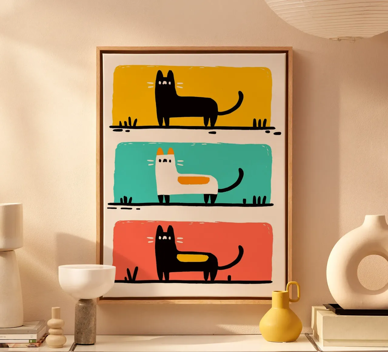 Drie katten in kleurrijke frames canvas met Baklijst van Nozomi Endo