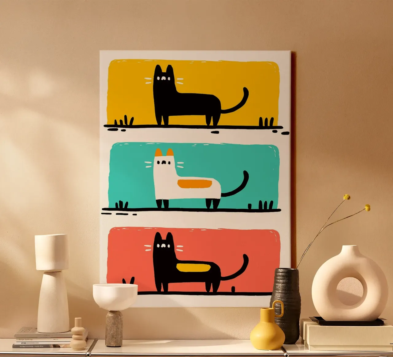 Drie katten in kleurrijke frames canvas met Baklijst van Nozomi Endo
