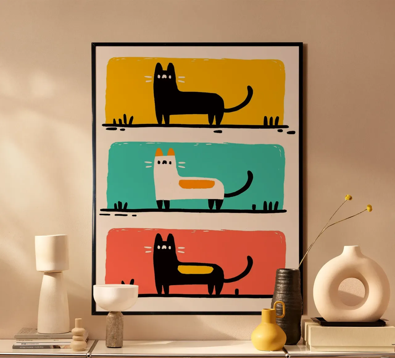 Tre gatti in cornici colorate poster con telaio in plastica da Nozomi Endo