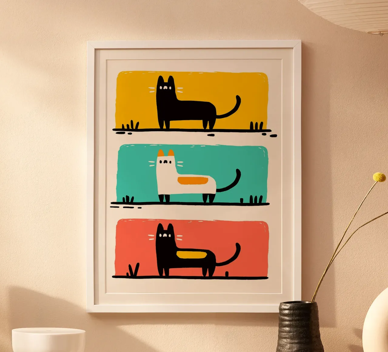 Tre gatti in cornici colorate poster con telaio in plastica da Nozomi Endo
