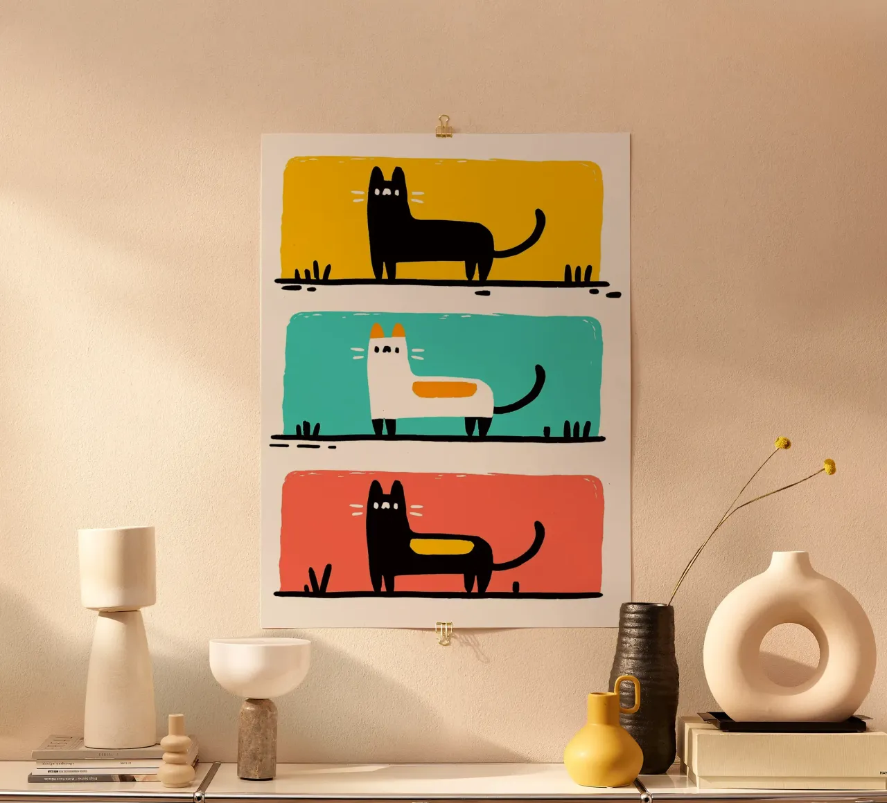 Tre gatti in cornici colorate poster con telaio in plastica da Nozomi Endo