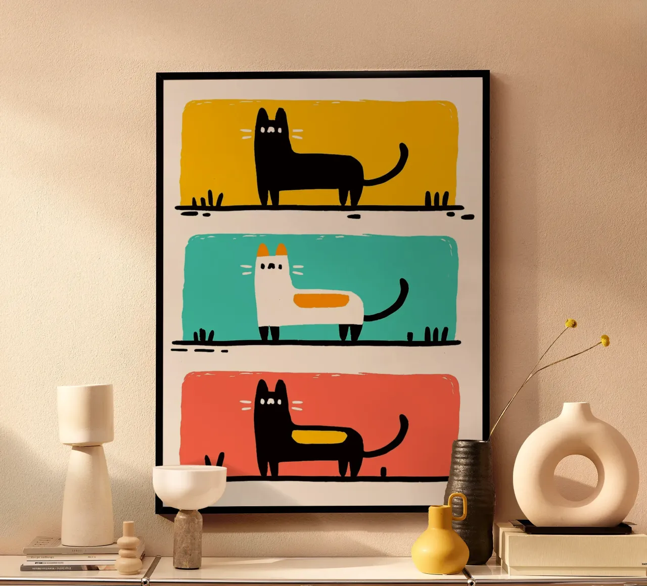 Tre gatti in cornici colorate poster con telaio in plastica da Nozomi Endo