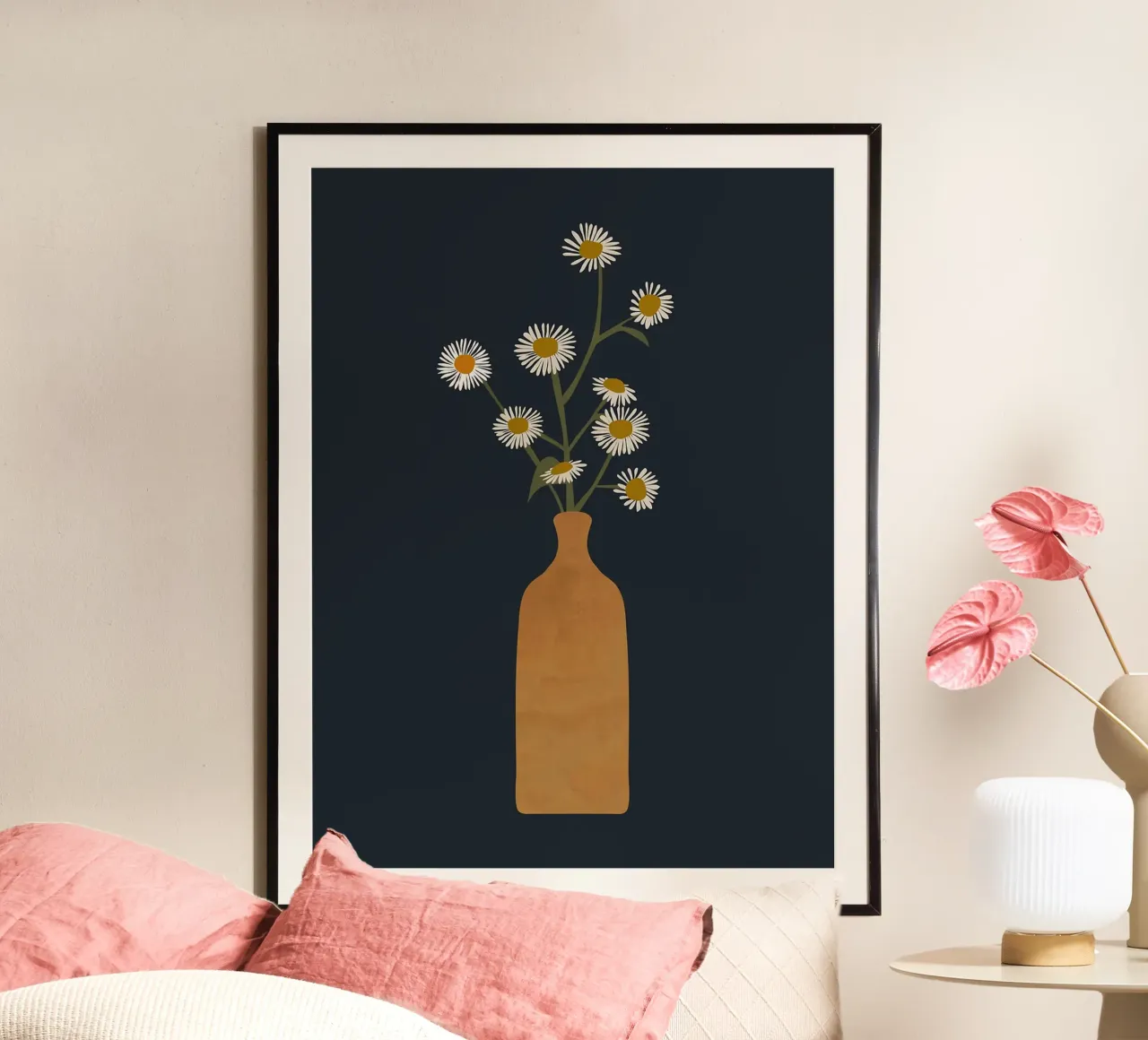 Margherite in vaso poster con telaio in legno da Taiga Hasegawa