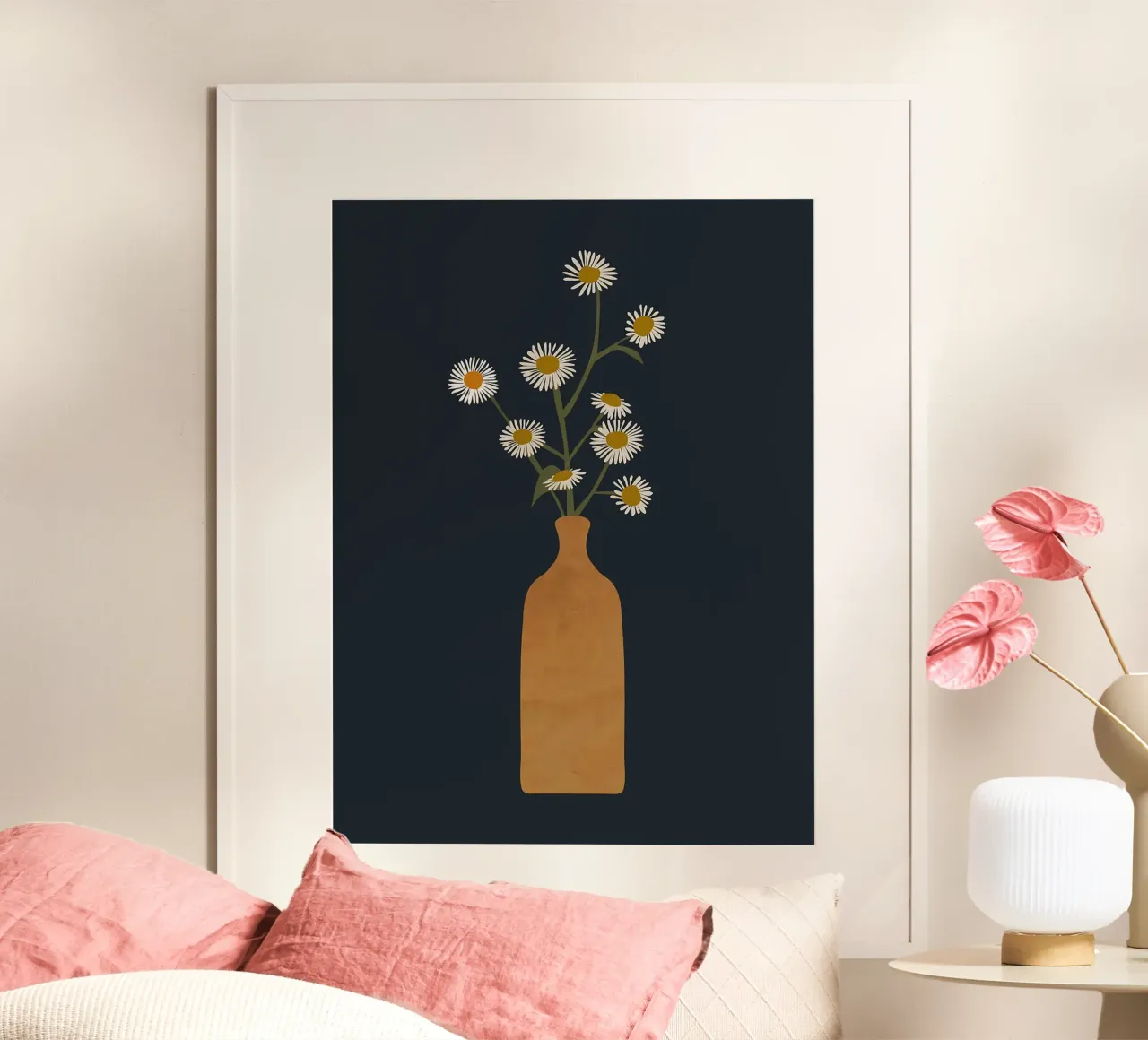 Margherite in vaso poster con telaio in legno da Taiga Hasegawa