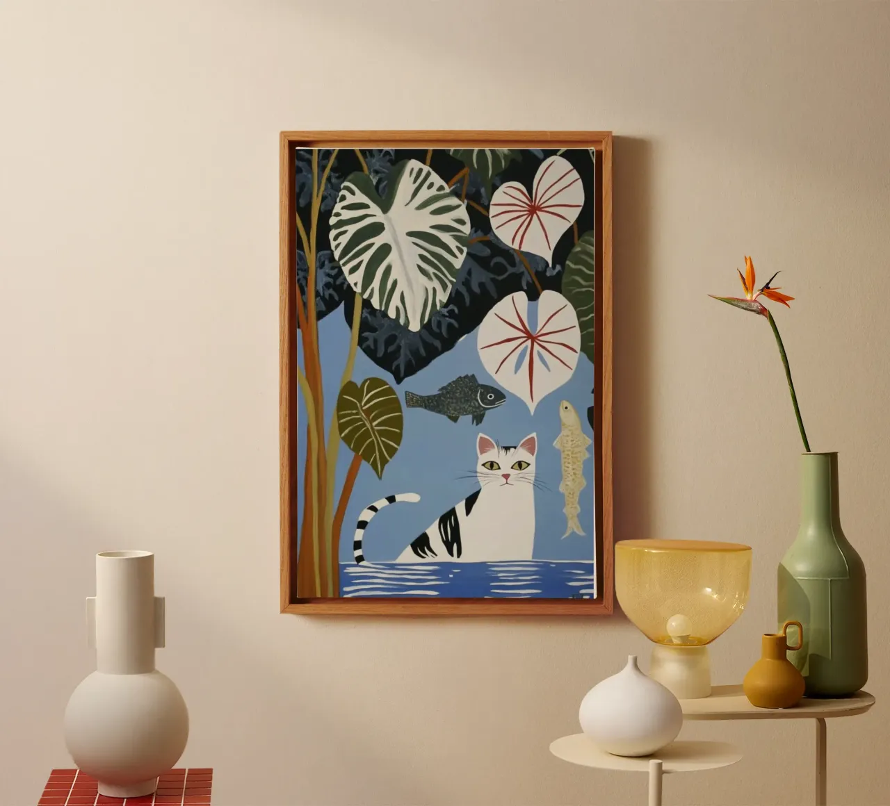 cat in water and leaf canvas met Baklijst van huminity
