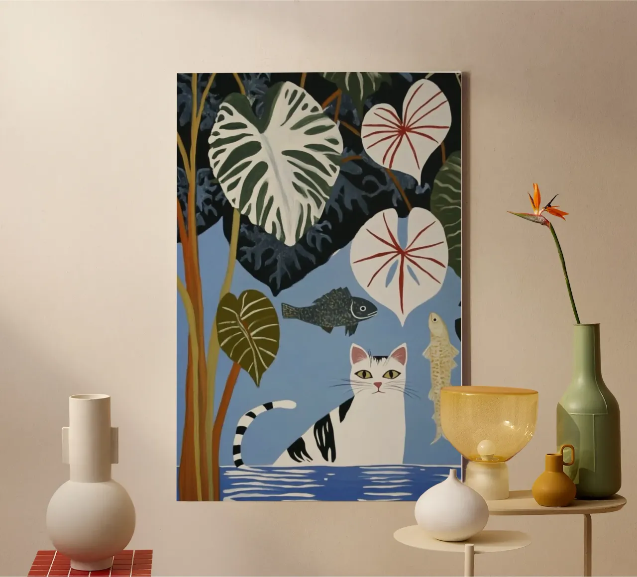 cat in water and leaf canvas met Baklijst van huminity