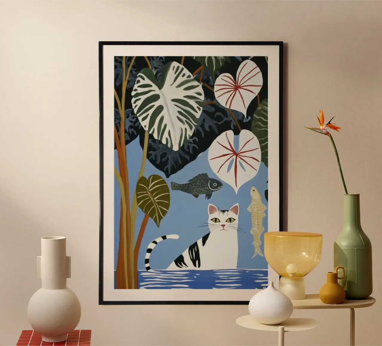 cat in water and leaf poster con telaio in legno da huminity