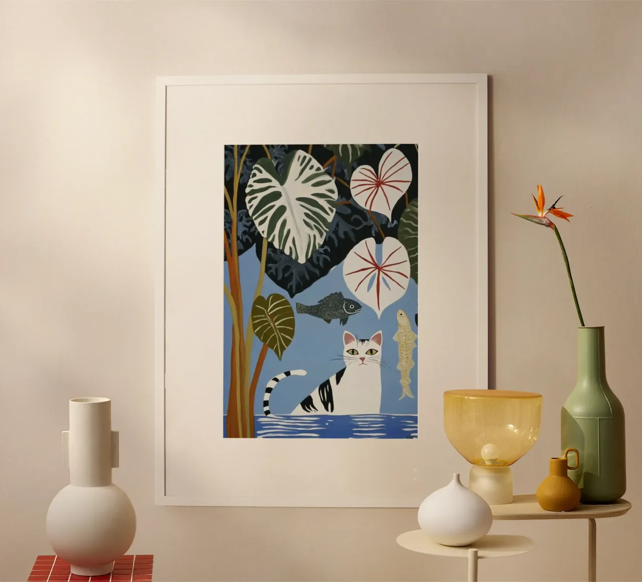 cat in water and leaf poster con telaio in legno da huminity