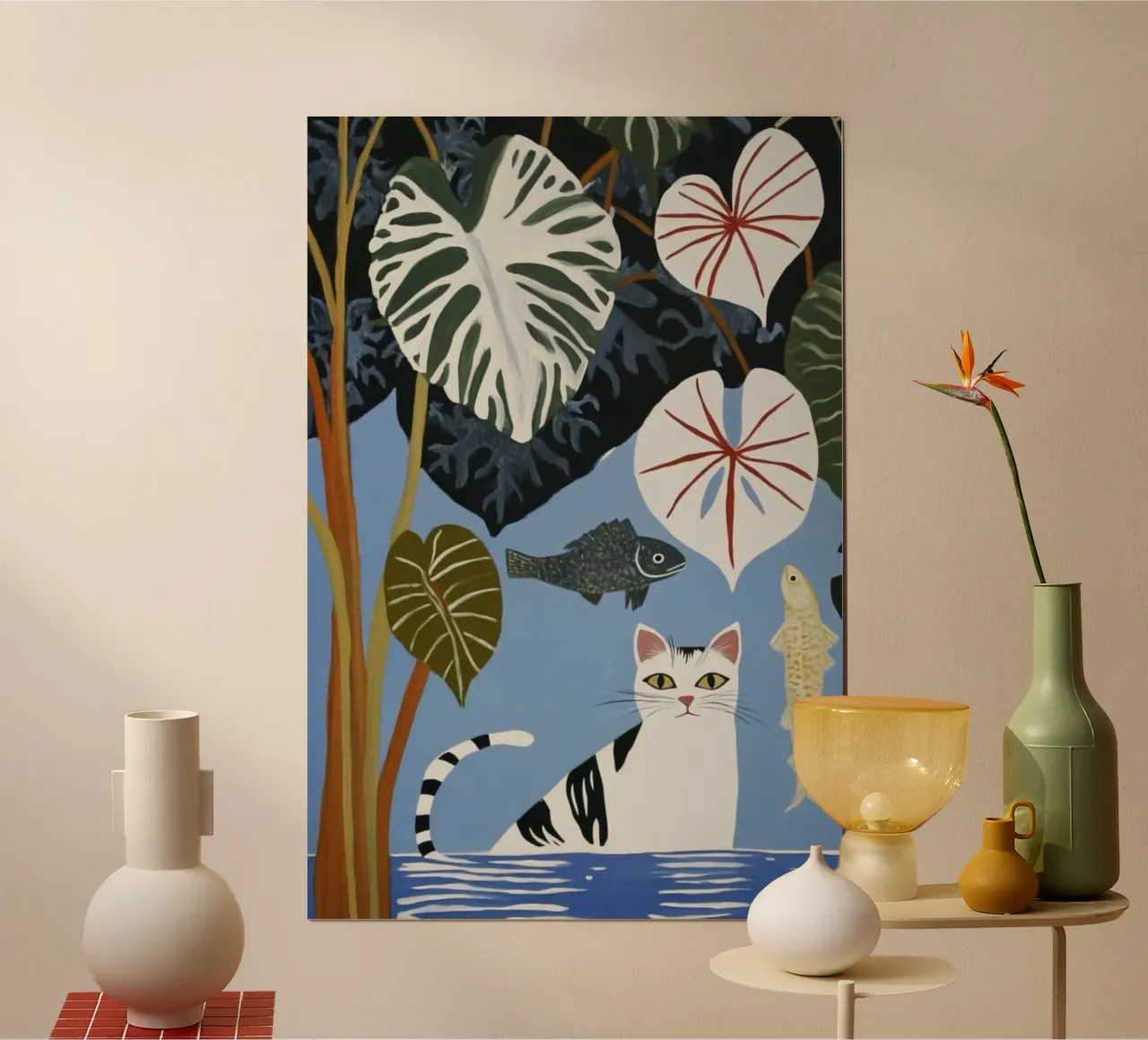 cat in water and leaf poster con telaio in legno da huminity