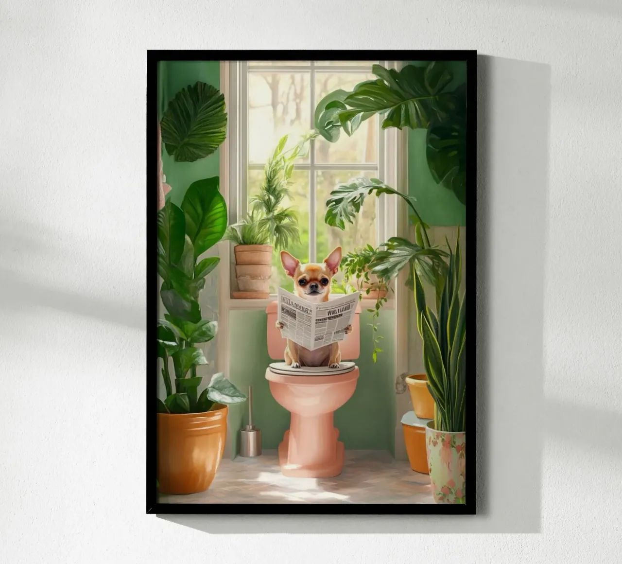 small dog read newspaper on toilet poster con telaio in plastica da panada