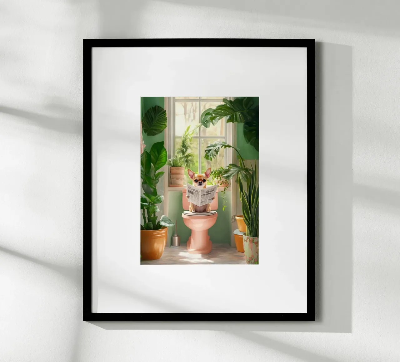 small dog read newspaper on toilet poster con telaio in plastica da panada
