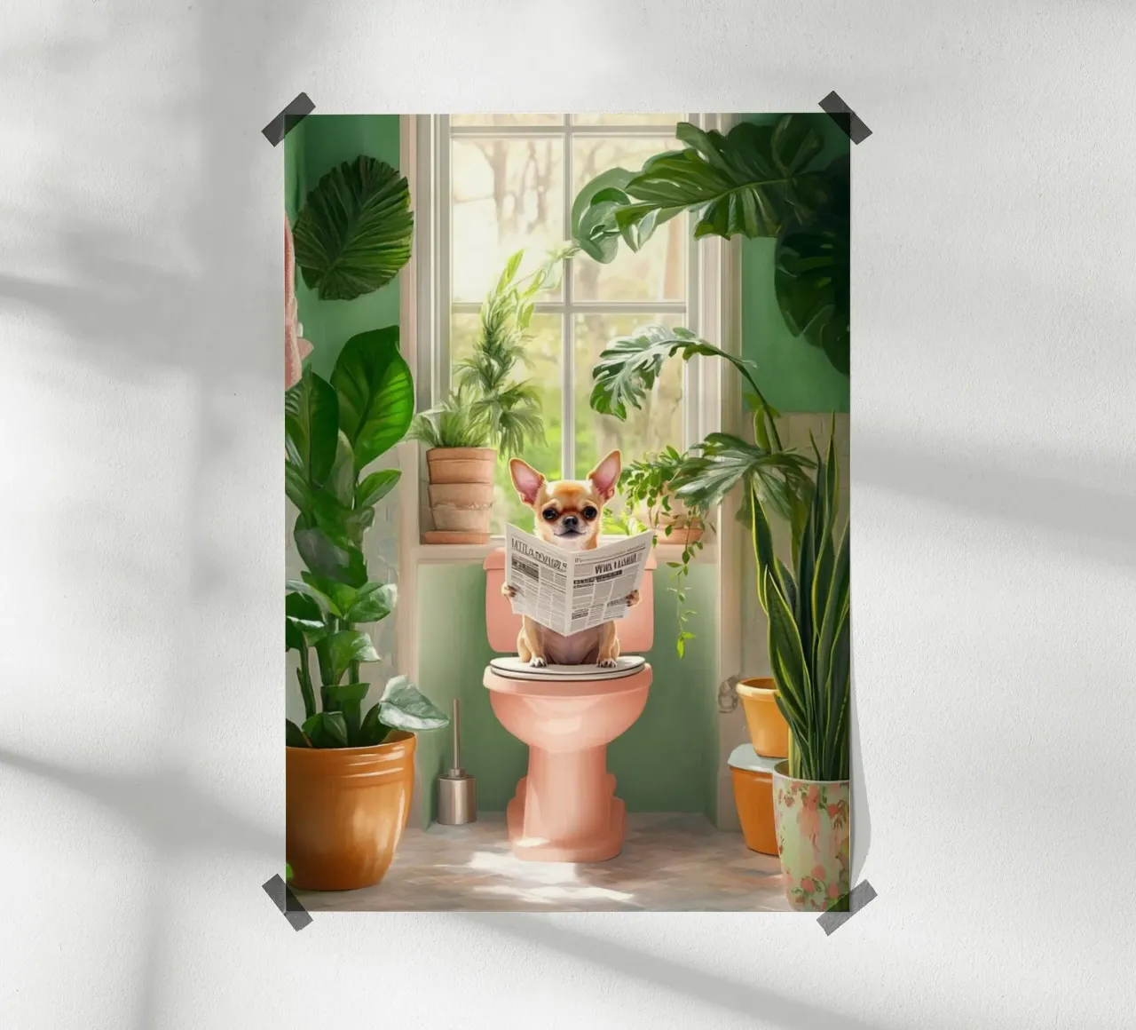 small dog read newspaper on toilet poster con telaio in plastica da panada