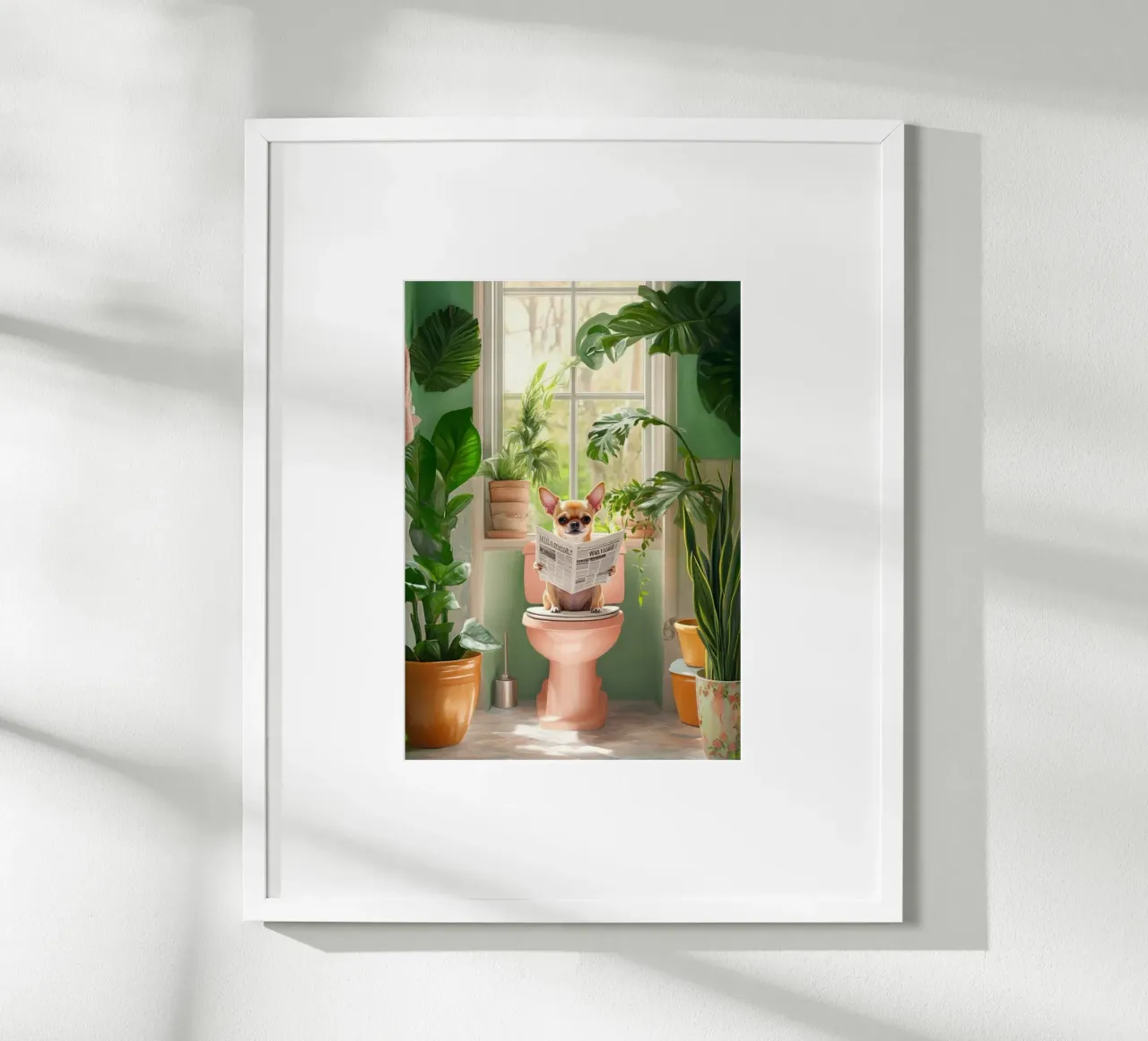 small dog read newspaper on toilet poster con telaio in plastica da panada